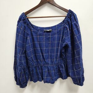Madewell Womens Scoopneck Peplum Blouse Size L Blue Plaid Puff Long Sleeve